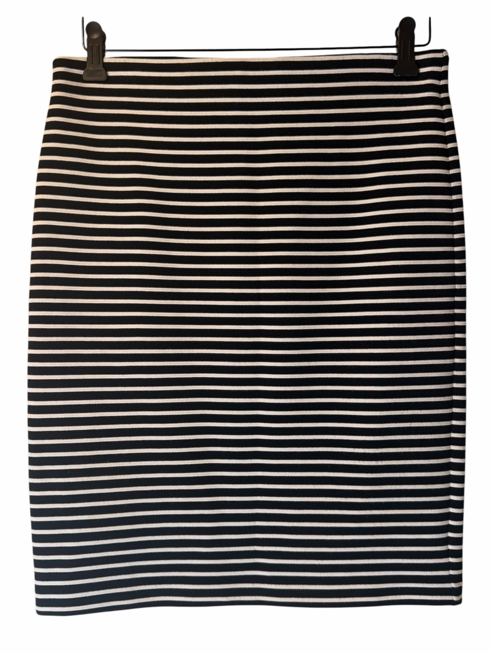 Loft Black White Striped Pencil Skirt Stretch Knit Knee Length Pull On Women S